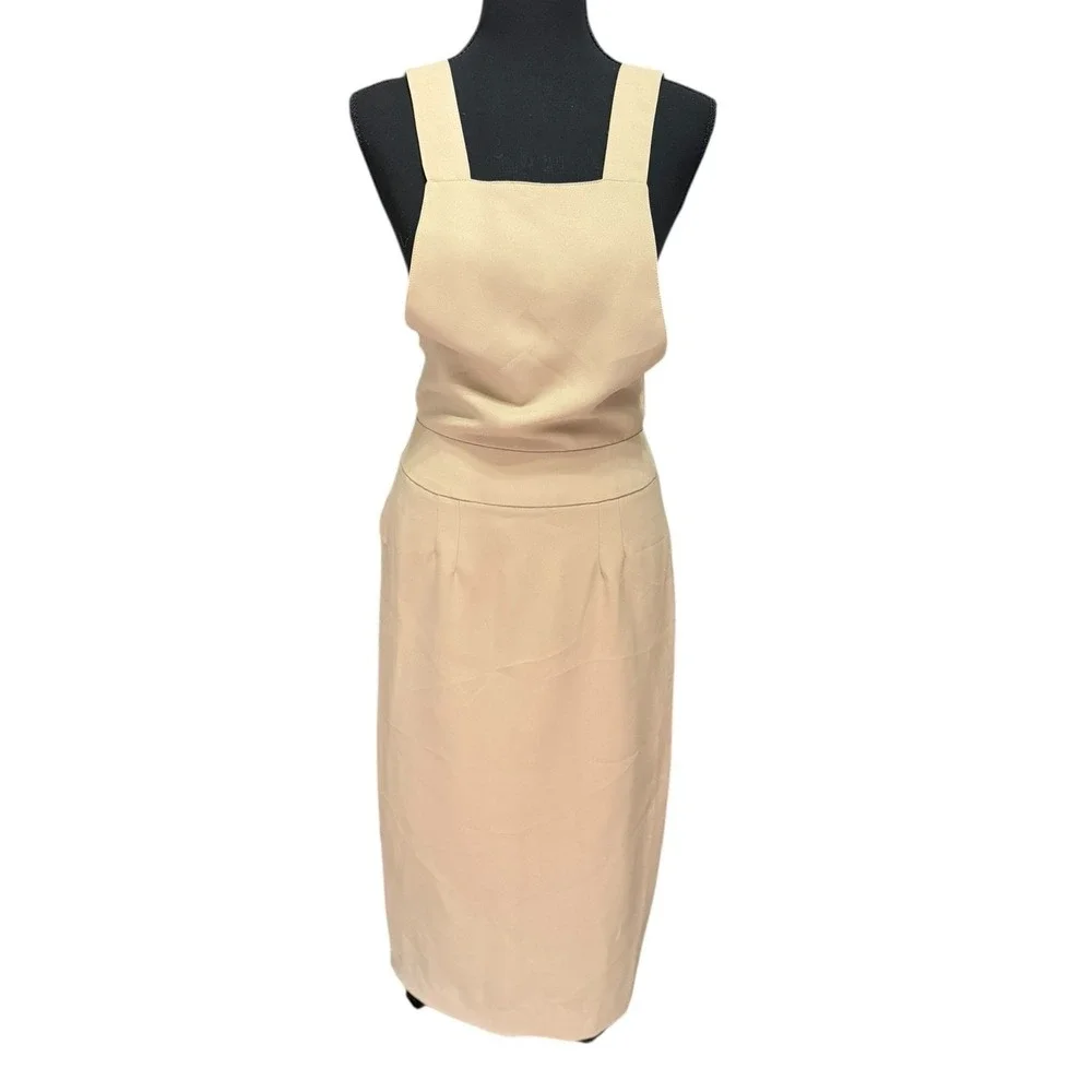 Vintage Newport News Tan Pinafore Midi Dress Square Neck Overall Style Petite 4‎
